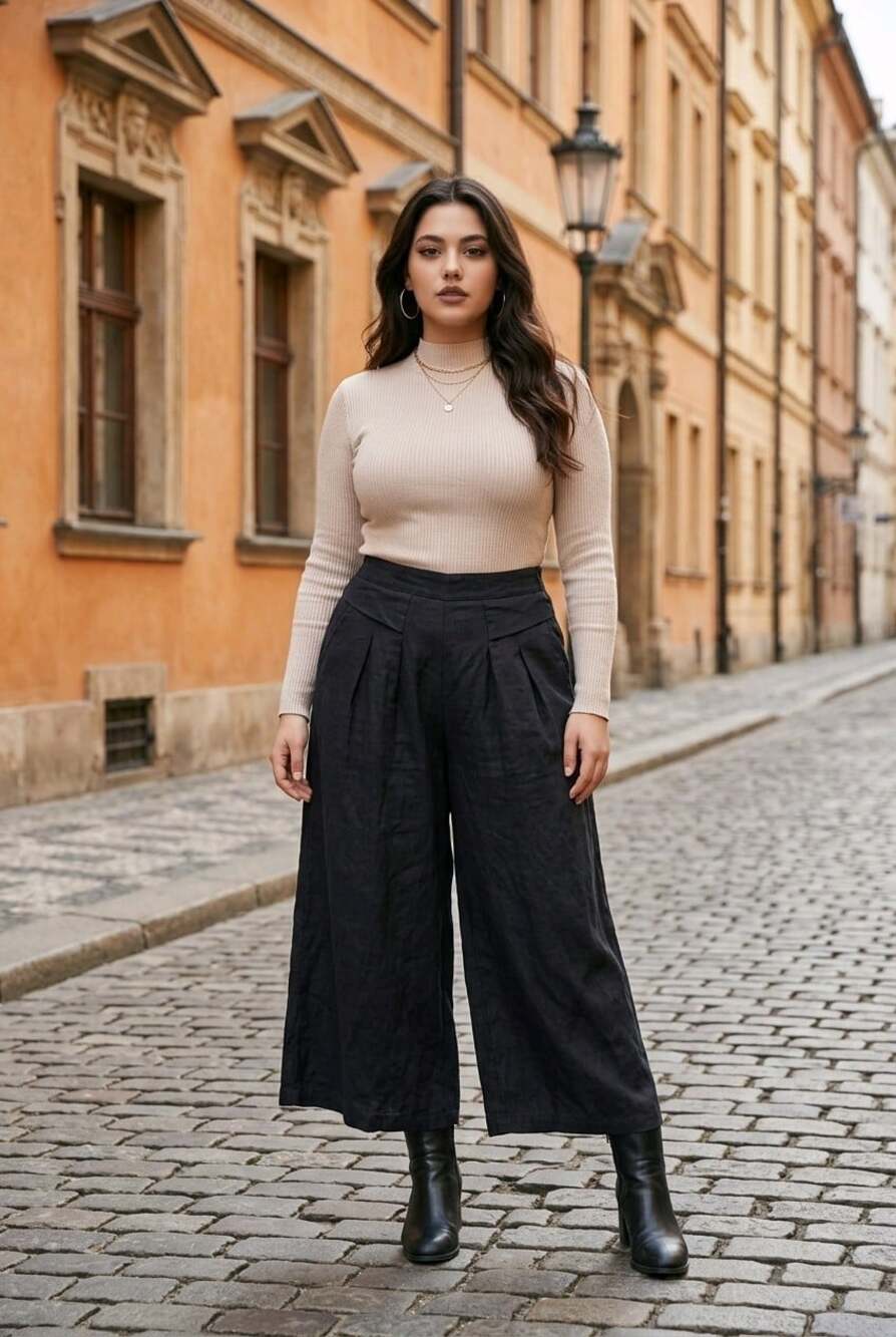 Women's Cropped Wide Leg Black Linen Culotte Capris High Rise Pleat Pants Artsy